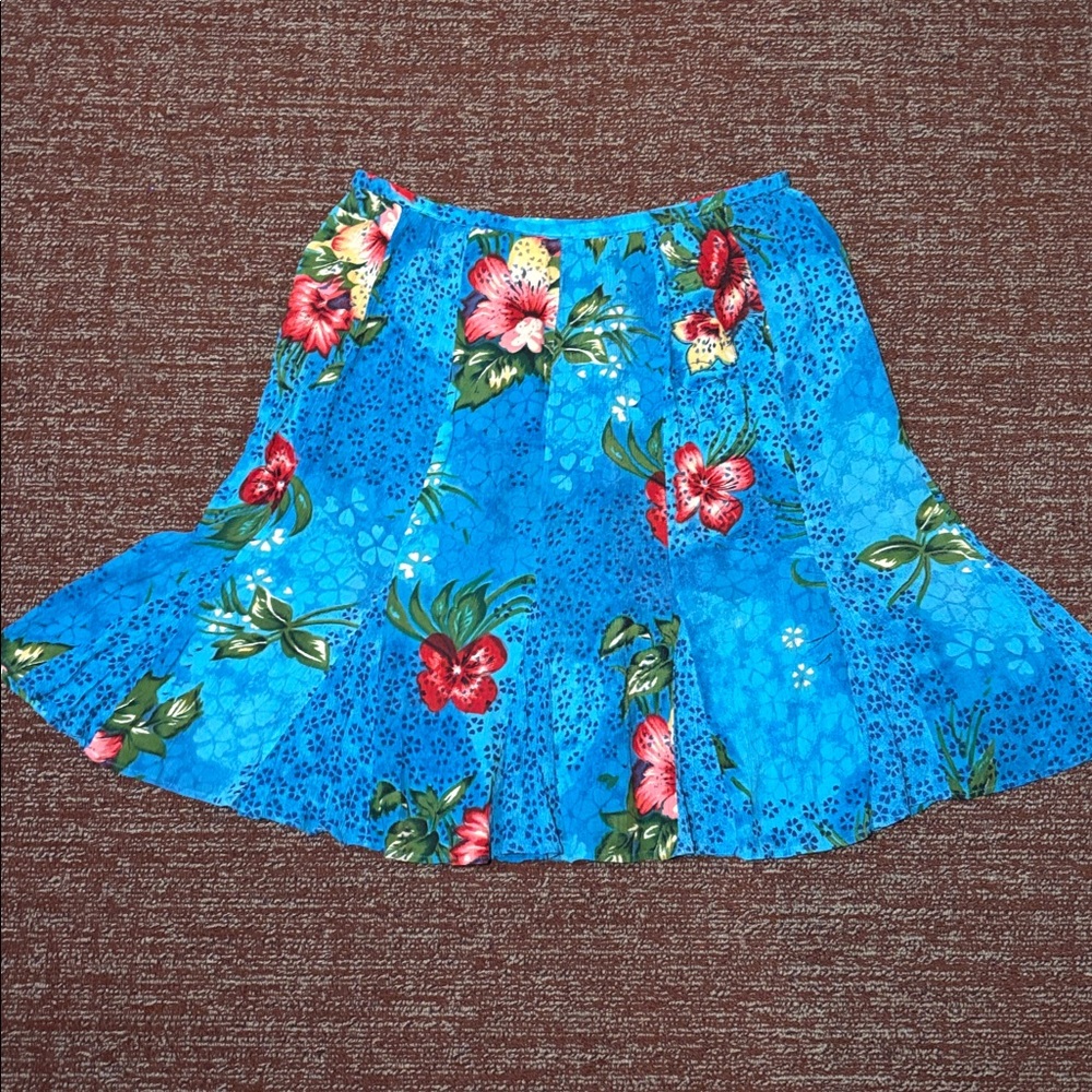 BILA vintage capri blue hibiscus crepe ruffle a line skirt women’s XL - Picture 3 of 12